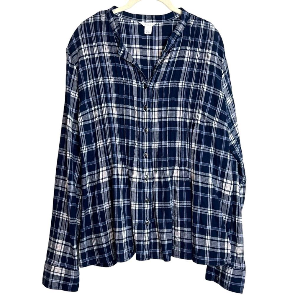 Caslon Womens Lightweight Flannel Shirt Size Large Navy White Plaid Pintucked